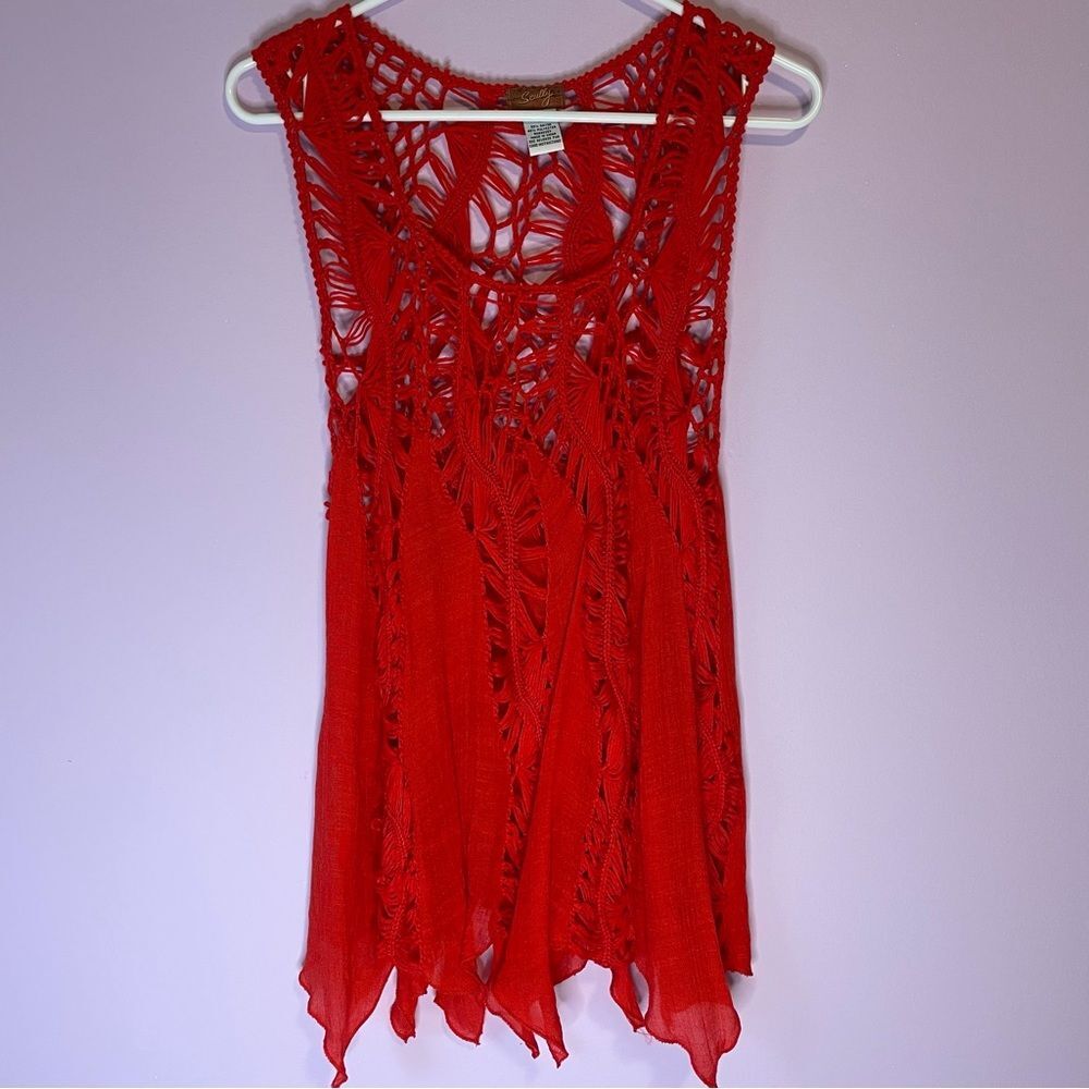 Spicy Red Open Knit Crochet Scoop Neck Rayon Tank Top Swim Cover Up Medium